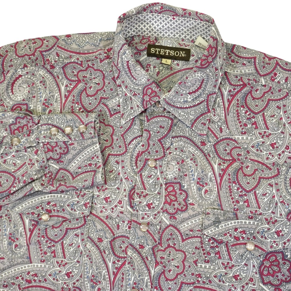 Stetson Western Button Down Shirt Mens Large Grey Paisley Long Sleeve Snap
